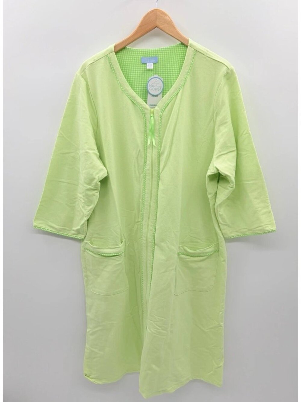 Celestial Dreams Womens Plus Size 2X 3/4 Sleeve Zippered Robe in Green Plaid